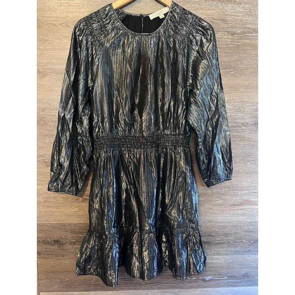 Loft Metallic V-Neck Long Sleeve Dress Size Small New Silver Party Cocktail